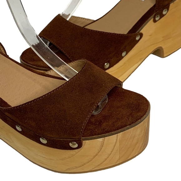 Steve Madden Suede & Wooden Platform Clog Sandals Brass Rivets Adjustable Strap - Picture 4 of 12